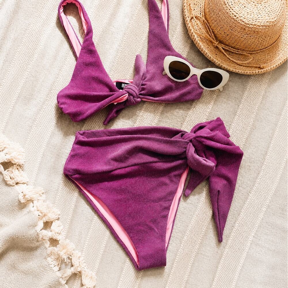 Beach Riot NWT Metallic Pink High Waisted Tie Front Ombré Bikini Set Size XS